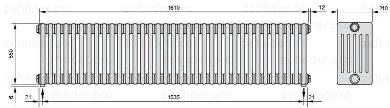 Схема (чертеж) Радиатор Zehnder Charleston 6055/35 №3570 Белый глянцевый RAL 9016